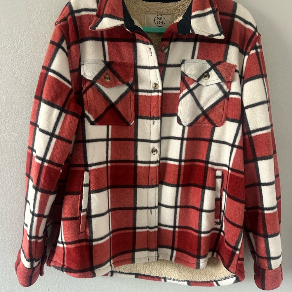 Sage Red and White Plaid Teddy Jacket